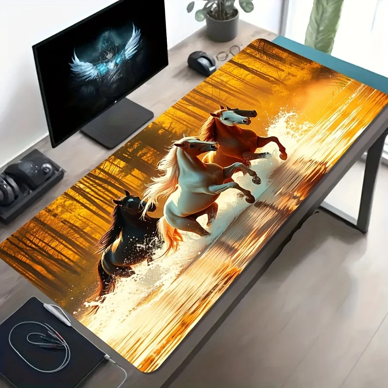 Large Golden Forest Running Horses Art Gaming Mouse Pad Non-Slip Washable Rubber Desk Mat Office Decor Gift for Gamers