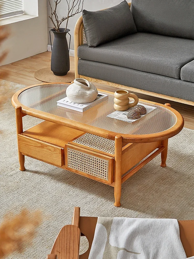 Nordic Japanese-style solid wood rattan coffee table Small apartment living room household oval coffee low table