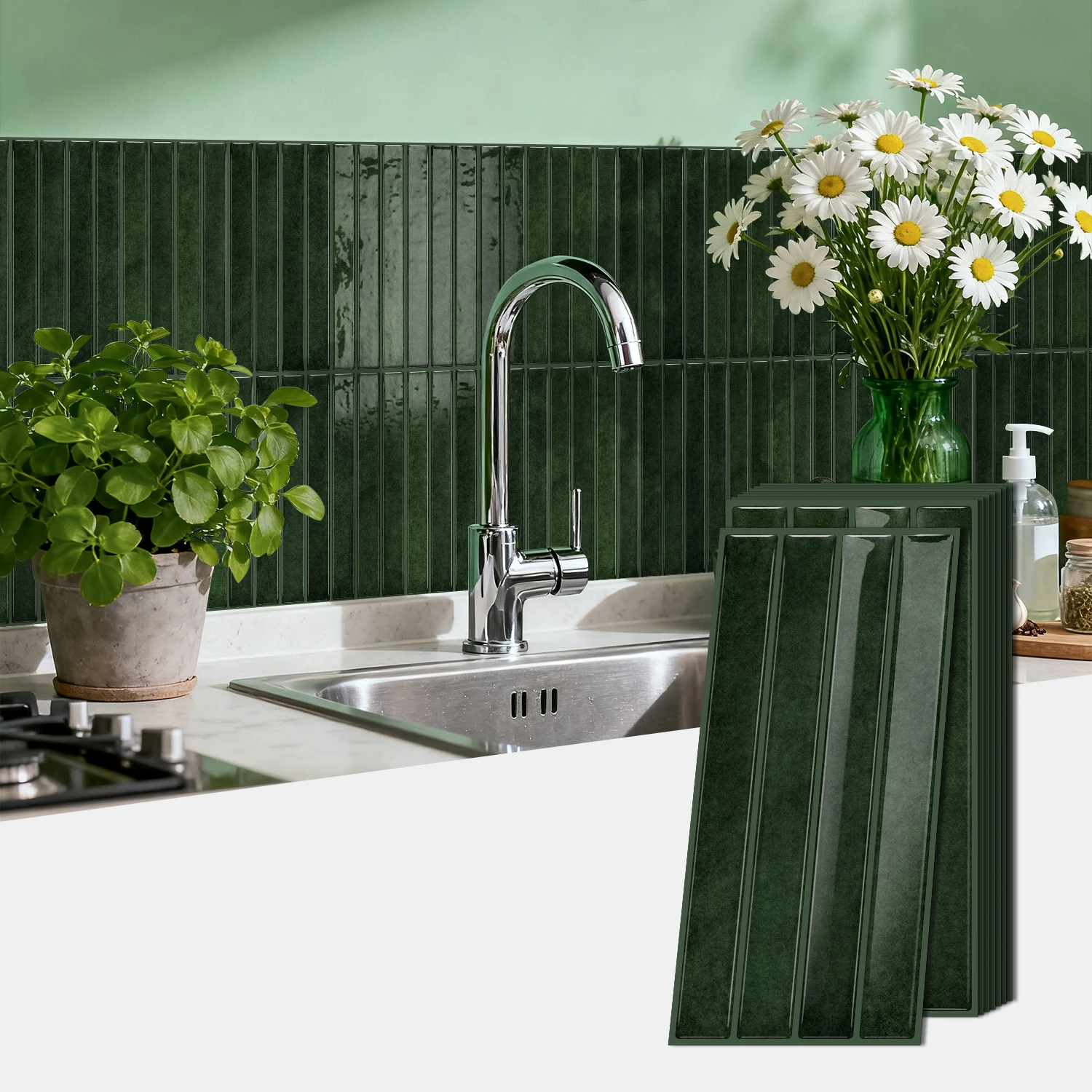 

Self-Adhesive 3D Green Vertical Tile Stickers – Scratch-Resistant, Waterproof Peel & Stick for Kitchen/Bathroom Wall Decor