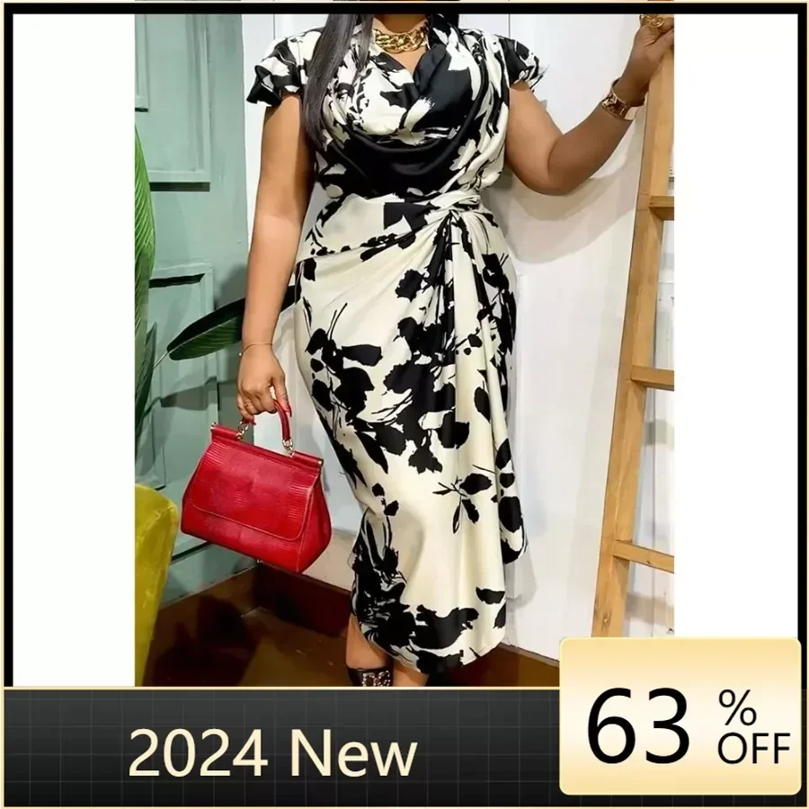 

Plus Size Black Daily Print V Neck Fold Midi Dresses