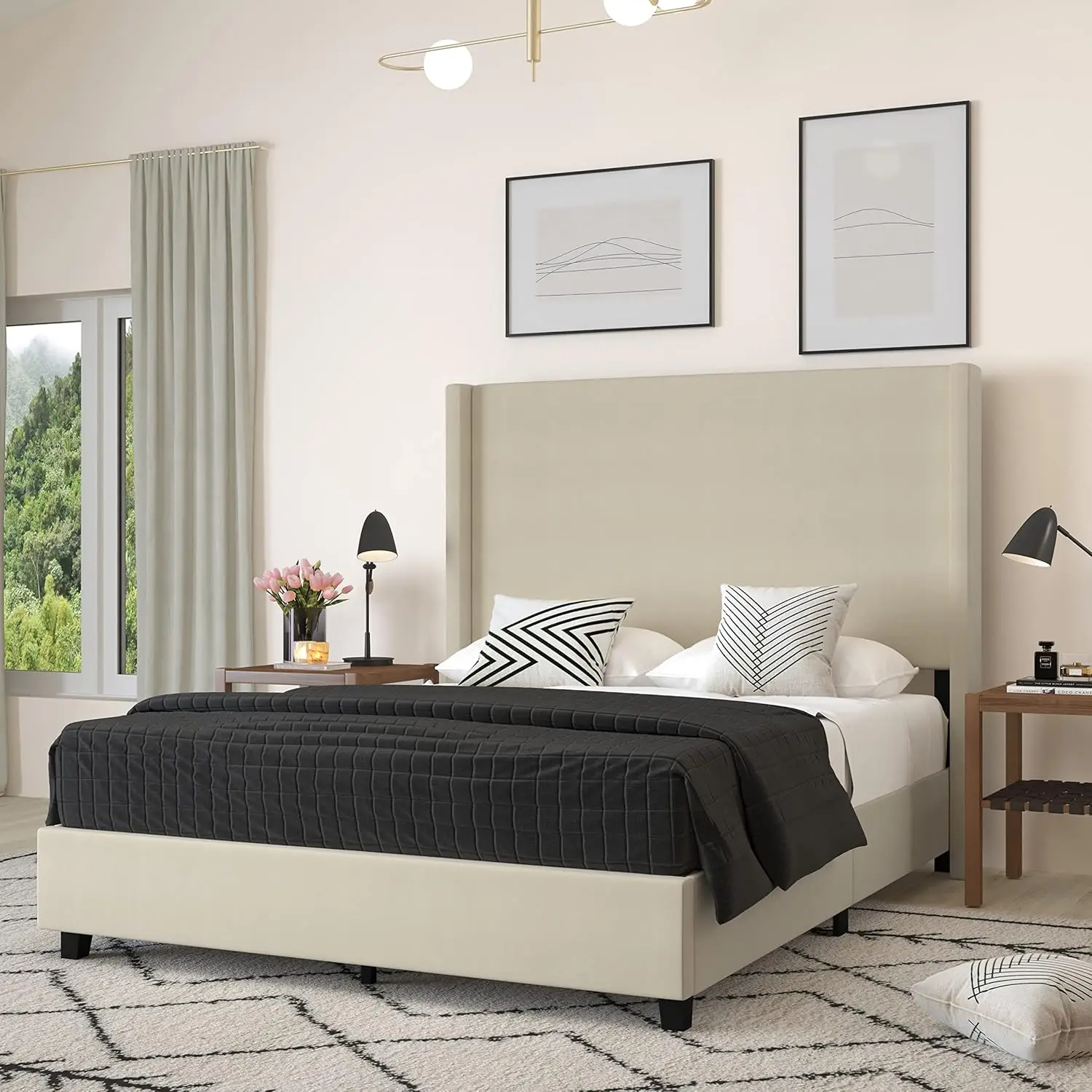 Bramlett Modern Platform  Beige Faux - Queen - Padded Wingback Headboard  Floor Clearance - Wood Support