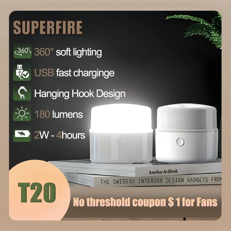 

SUPERFIRE T20 LED Camping Lantern USB C Rechargeable Light Portable Tent Lamp with hook up for Outdoor BBQ Emergency flashlight