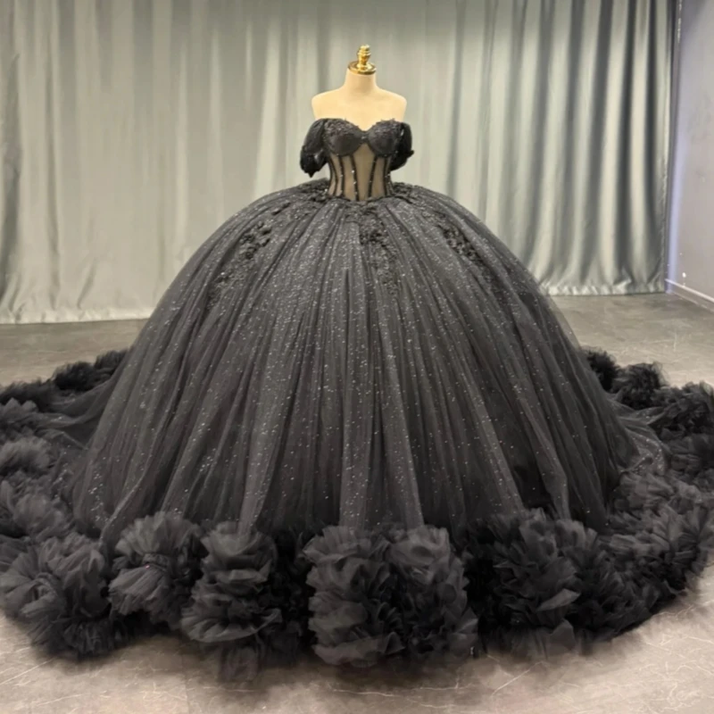 

Black Shiny Quinceanera Dresses Off The Shoulder Applique Flower Beading Tiered Tull Party Birthday Sweet 16 Dress Vestidos 15