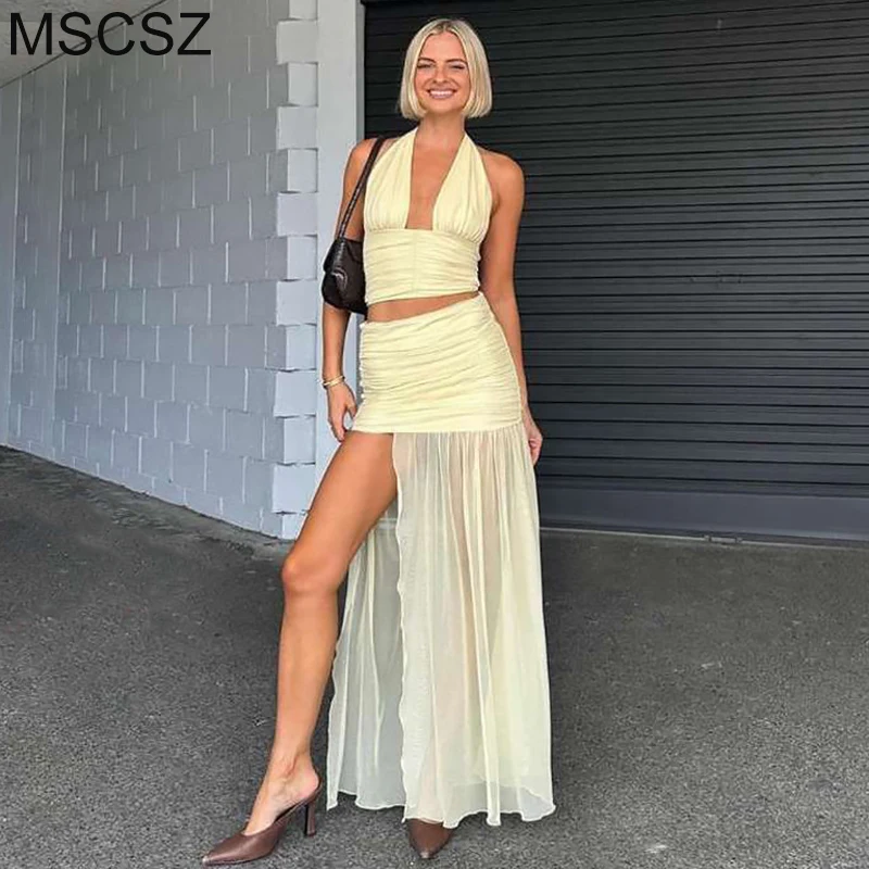 Sexy Mesh 2 Piece Sets Womens Outfits Halter Crop Top And Maxi Skirt Sets Fashion Summer Holiday Outfits New In Matching Sets