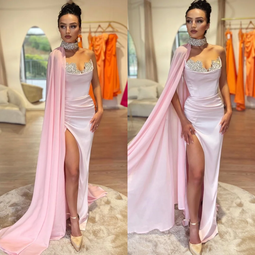 

Customized Luxury Pink Satin Evening Dresses Fashion Strapless Sleeveless Homecoming Dresses Modern Special Occasion Gowns