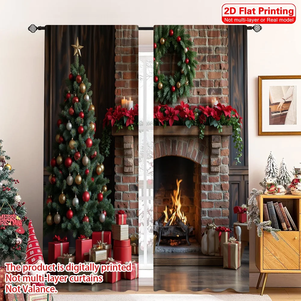 

2pcs 2D flat printing Christmas Party Curtain Christmas Fireplace Stockings Presents 100% Polyester Without Electricity 0 for