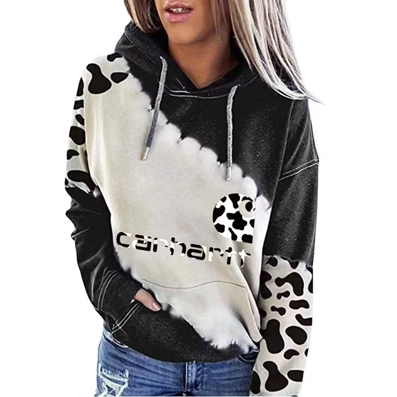

Trendy European American Style Leopard Print Sleeve Letter Pattern Long Sleeve Hooded Pullover Casual Loose Fit Sweatshirt