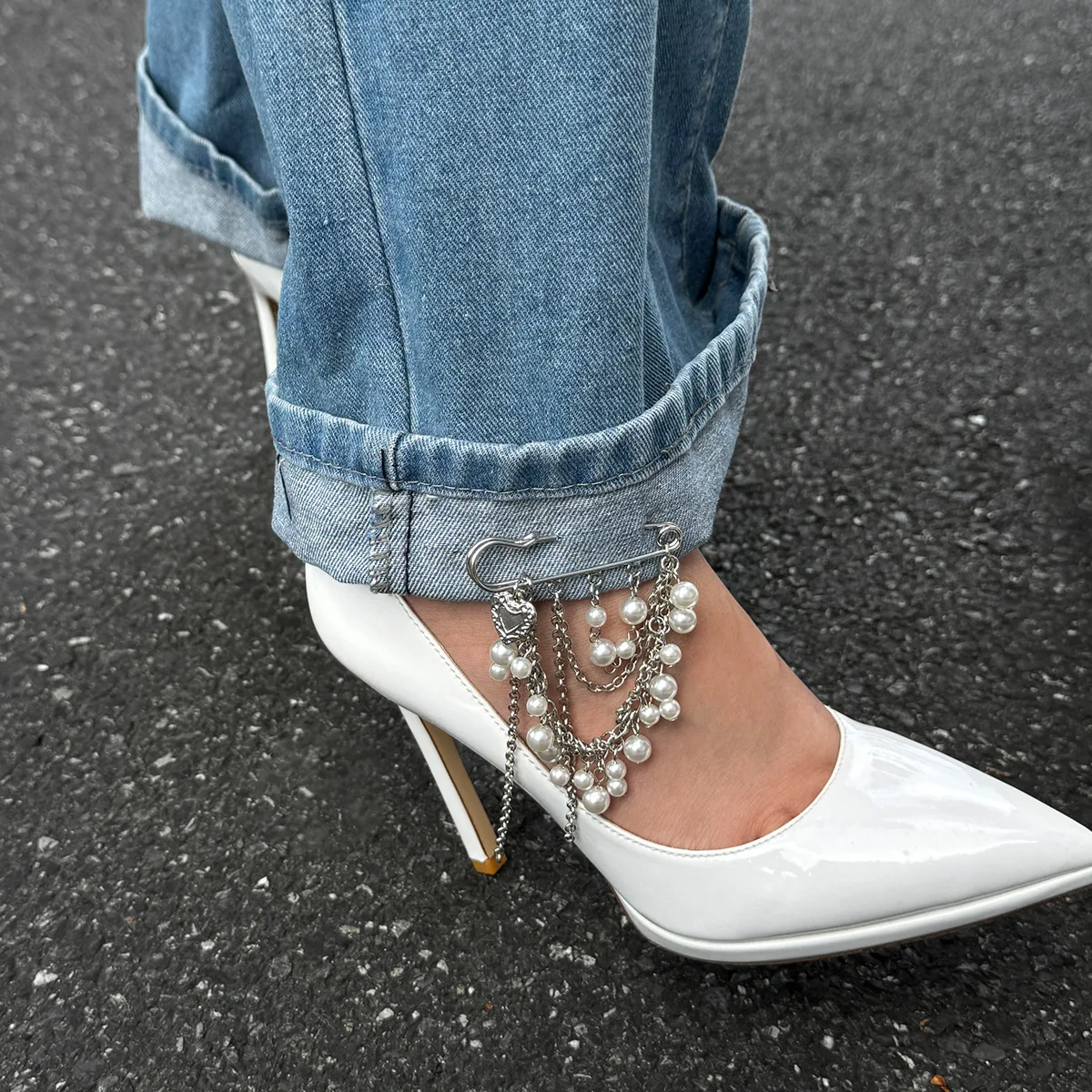 Imitation Pearl Heart Pendant Brooch Detachable Button Clasps Trouser Decor Brooch Tassel Adjustable Jean Fit Tighten Buckle