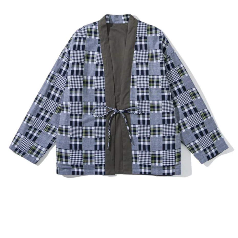 Vintage Patchwork Cargo Jackets Mens Japan Style Double-faced Cardigan Kimono Harajuku Loose Casual Cotton Plaid Coats Male