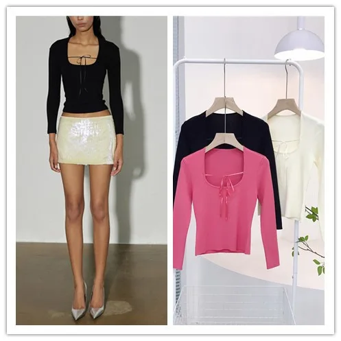 7606 النمط الأمريكي ربطة عنق على شكل حرف U سليم صالح التخسيس 8/10 كم عالية تويست القطن تمتد غير تشوه محبوك الأعلى للنساء