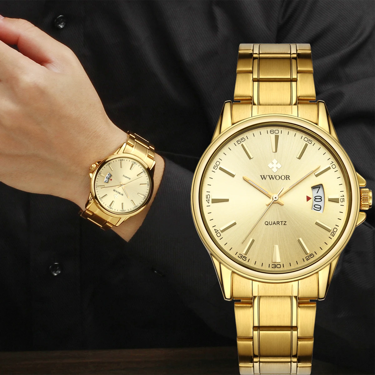 

WWOOR Top Brand Luxury Mens Watch Fashion Gold Watch For Men Waterproof Date Stainless Steel Male Quartz Clock Relogio Masculino