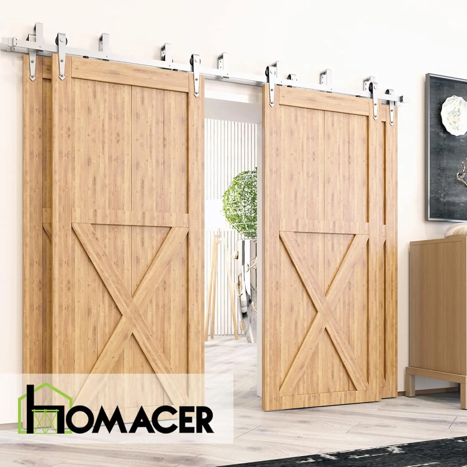 Homacer Brushed Nickel Double Track U-Shape Bypass Sliding Barn Door Hardware Kit, For Four Doors, 11Ft Long Flat Track, Arrow