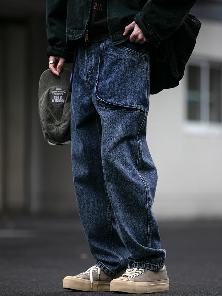 Mens American Streetwear Baggy กางเกงยีนส์สีน้ําเงินเข้ม Vintage 3D กระเป๋าขาตรงกางเกงทํางานกางเกงอินเทรนด์พรีเมี่ยมกางเกง