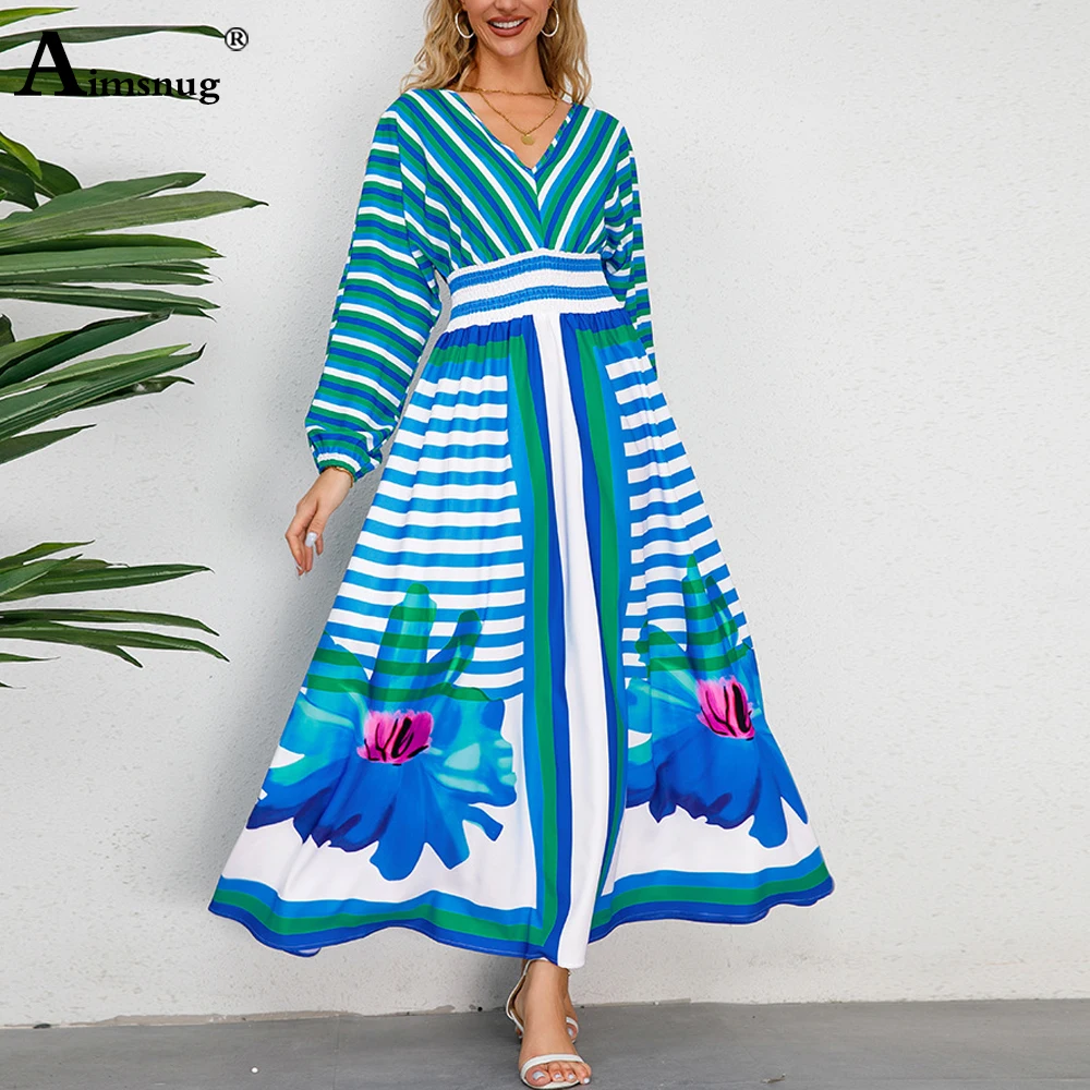 Female Long Sleeves Elegant Mid-Calf Dress Womens High Split Boho Flower Print Dresses Ladies Vintage A-line Dress Clothing 2023