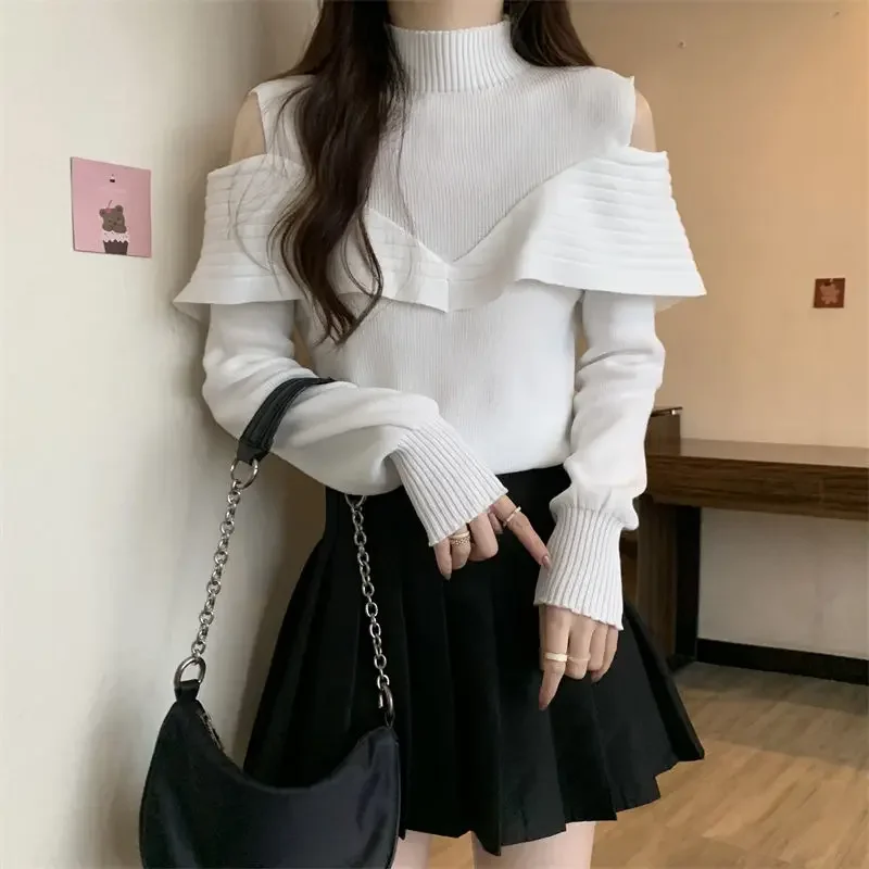 2026 Spring Autumn Korean Hollowed Out Black White Casual Sweet Sweater for Women Off-shoulder Top Long-sleeved Knitted Sweater