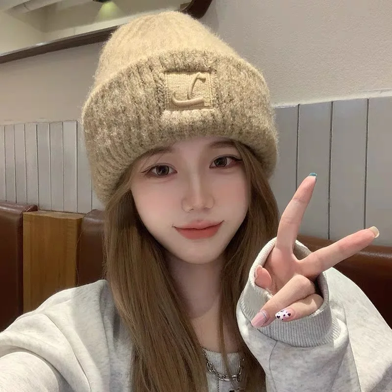 Korean Beanies Coarse Wool Knit Hat Letter L Solid Color Skullcaps For Women Winter Warm Earmuffs Cap Girls Ski Riding Bonnet ๋ชจ์