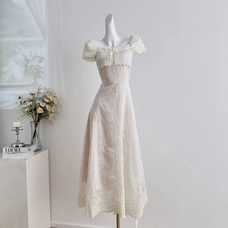 Summer Long Dress Lace Splicing Embroidery A-Line Waist-Cinching Dress for Young Girls Elegant Sexy Style Southeast Asia Wome...