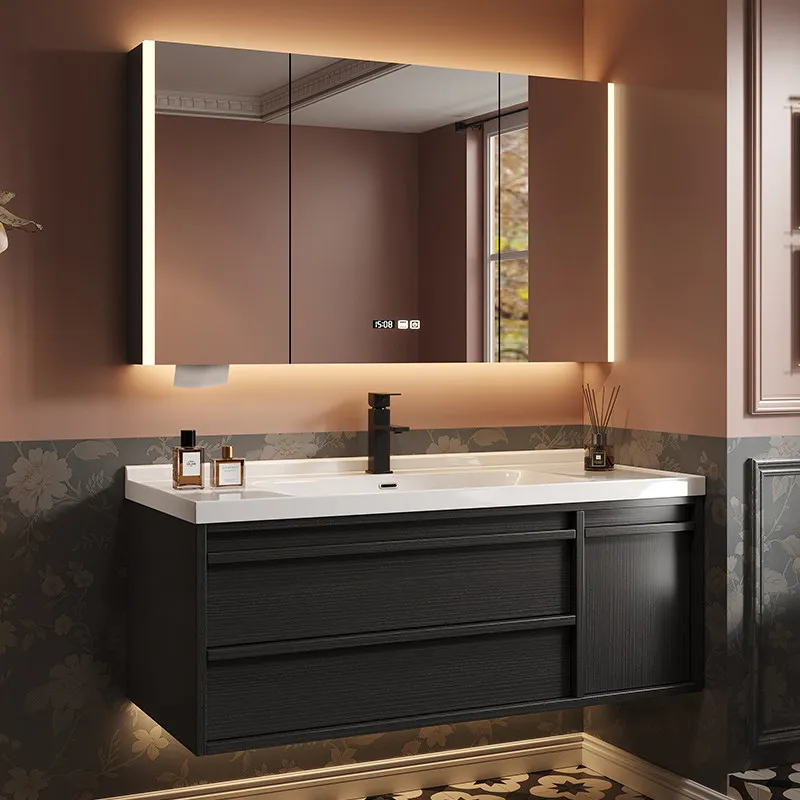 Black European Bathroom Cabinet Vintage Wooden Laundry Drawers Bathroom Cabinet Mirror Storage Luxury Mobiletto Bagno Furniture