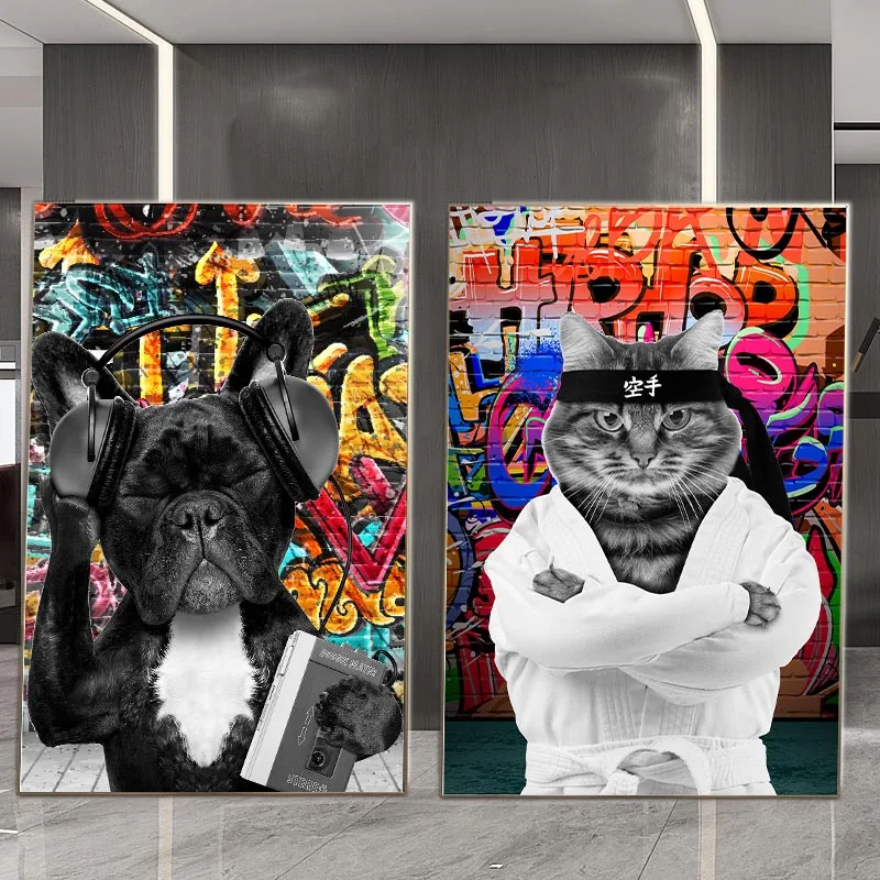 

Graffiti Bulldog With Earphone Poster And Print Animal Canvas Painting Hanging Picture Dog Cat Wall Art Home Decor Mural Unframe