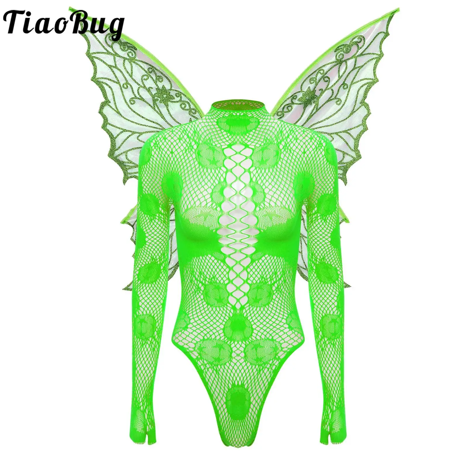 

Adult Women Fishnet Body See Through Bodysuit with Butterfly Wings Role Play Set Erotic Couple's Dating Temptation Nightwear