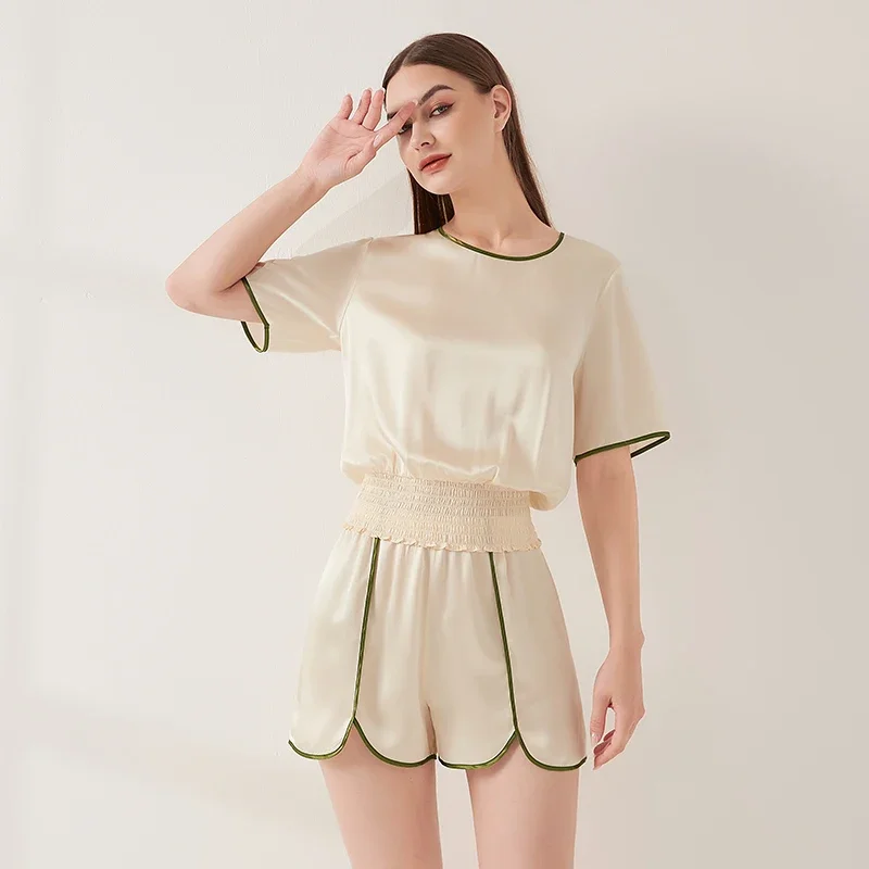 Heavy Mulberry Silk Short Sleeve Shorts 2-Piece Pajama Set Contrast Color Round Neck Women's Leisure Sleepwear PJ Summer Pajamas