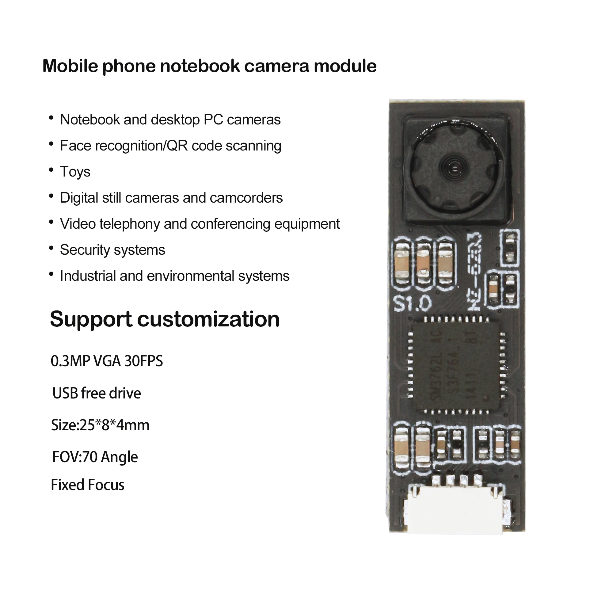 Low Light 3MP GC0309 LED VGA CMOS Sensor USB Camera Module FF 30FPS UVC Mini Smartphone Tablet Camera Module OEM