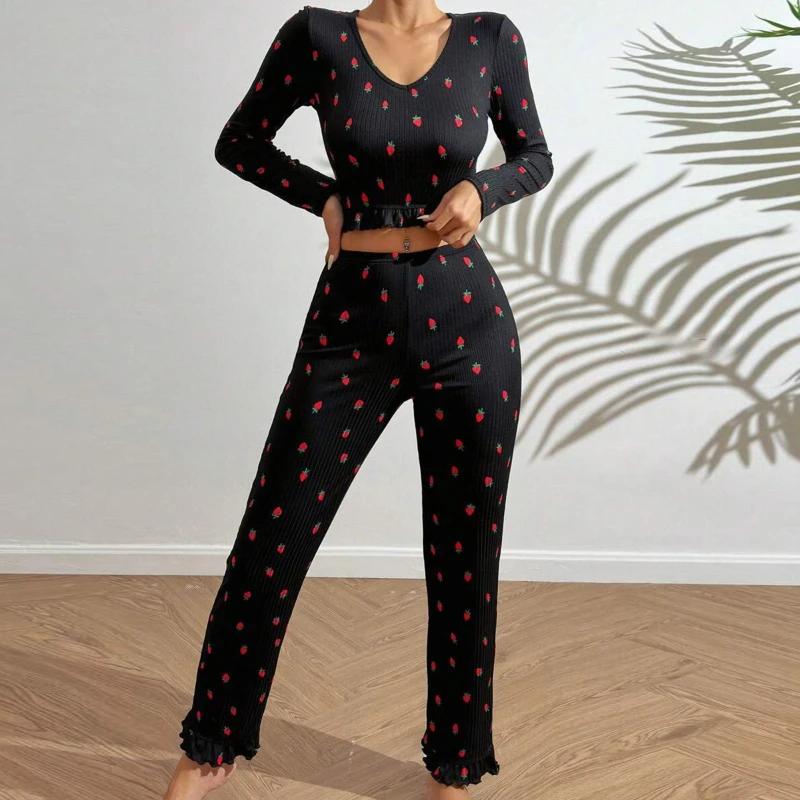 

Krismile Jacquard Pajama Set Women Spring Autumn 2025 Print Short V Neck Pullovers Patchwork Ruffles Trousers Sleepwear Lady