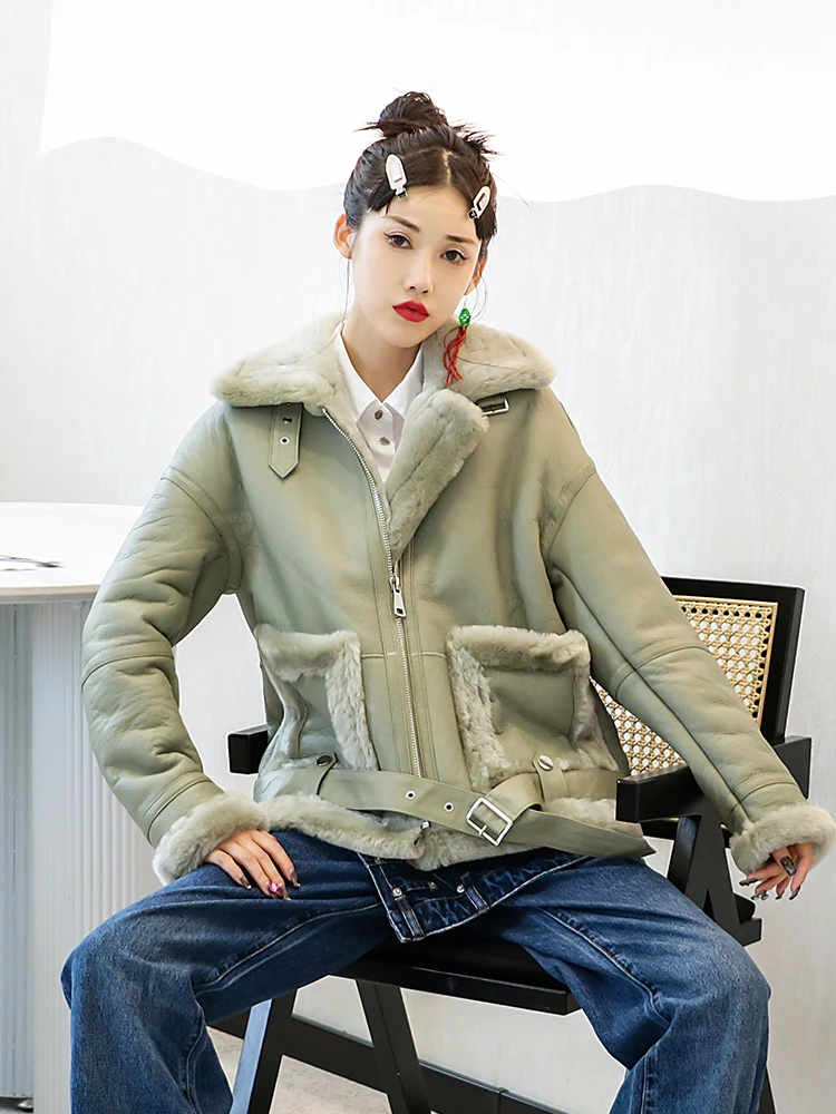 Women Casual Motorcycle Biker Winter Thick Warm Shearling Coat Loose Fit Real Fur Overcoat Wool Lining Genuine Leather Jacket