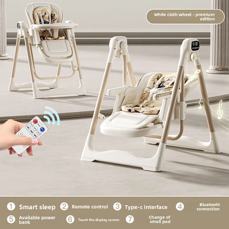 Slimme kinderstoel met Bluetooth, elektrische schommelstoel en fauteuil, 6-in-1 opvouwbare multifunctionele voedingsstoel voor pasgeborenen tot peuter