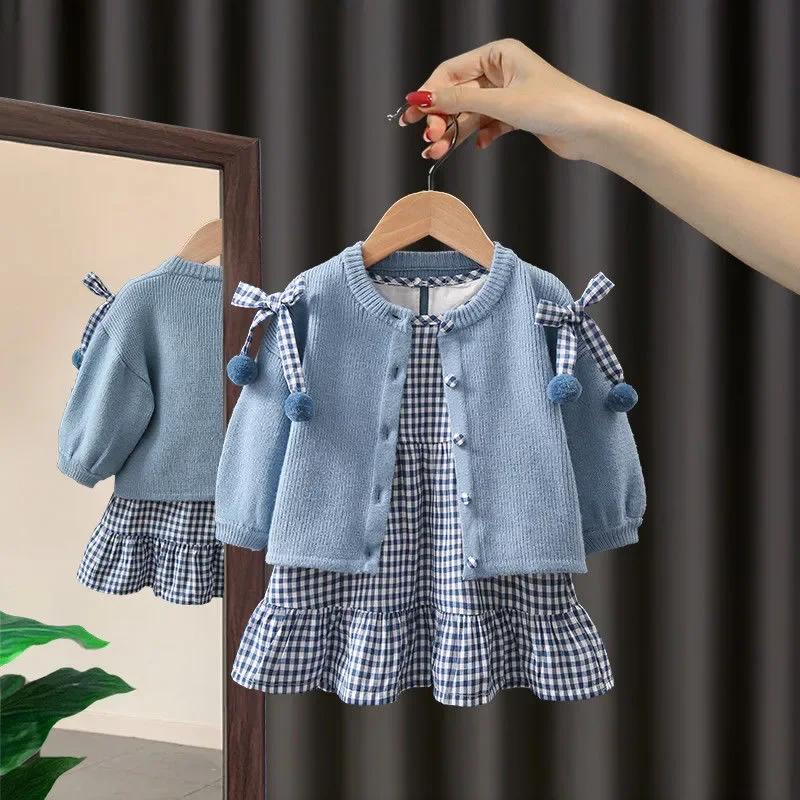 

2023 Girls Baby Spring Autumn Clothing Set Cardigan Jacket+plaid Dress, Kids Casual Elegant 2pcs Suits Children Clothes Outfits