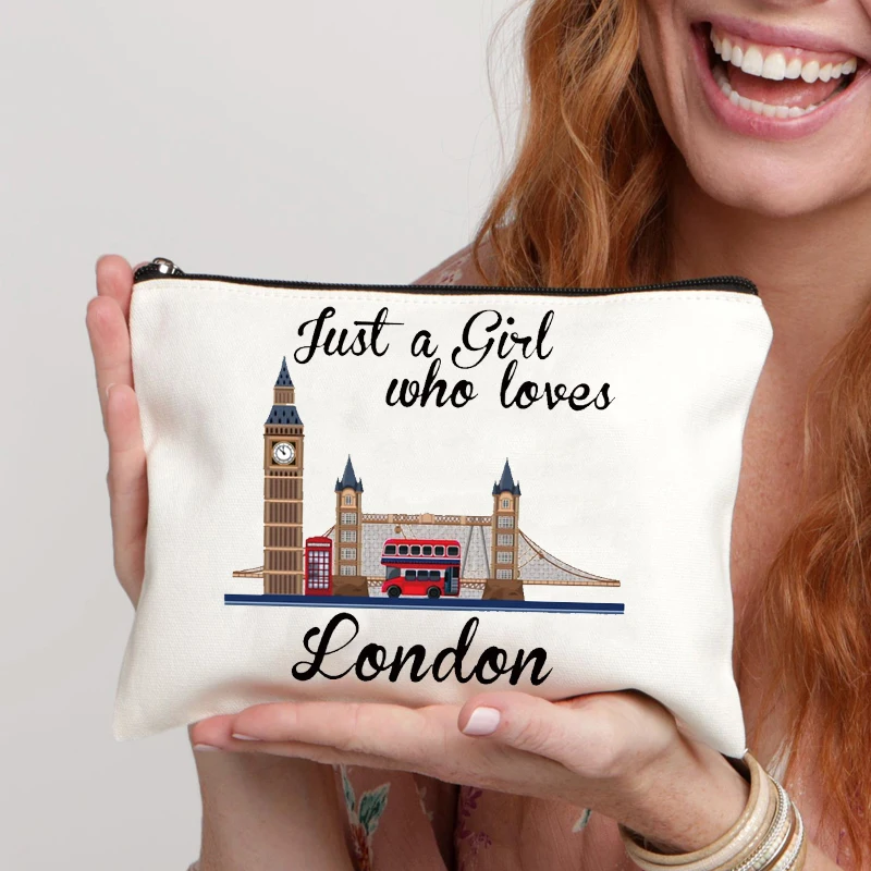 London Big Clock Canvas Bag Women Travel Toilet Storage Kits Makeup Pouch Just A Girl Who Loves London Travel Necessities Case