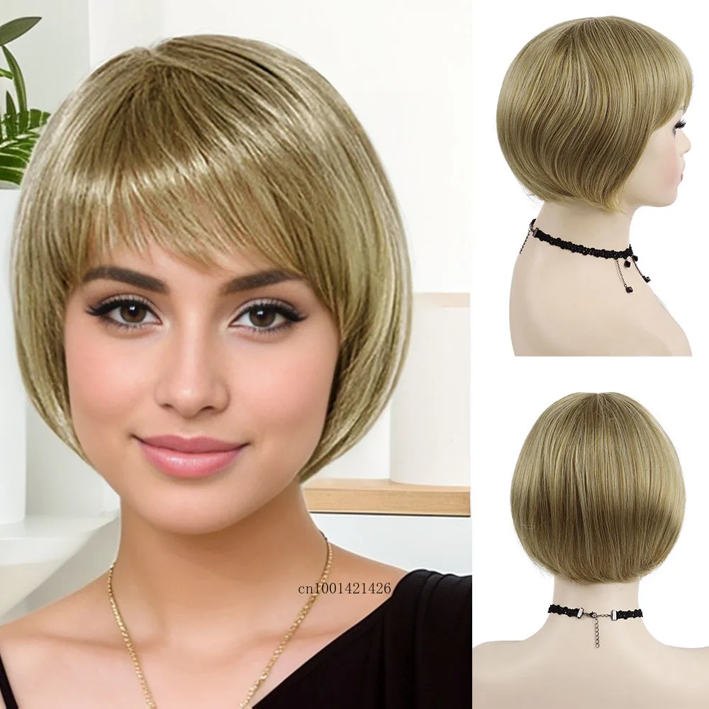 

Syntheitc Blonde Wig Female Short Bob Wig with Bangs Natural Hairstyles Mix Blonde Highlights Colored Wigs for Women Daily Wear