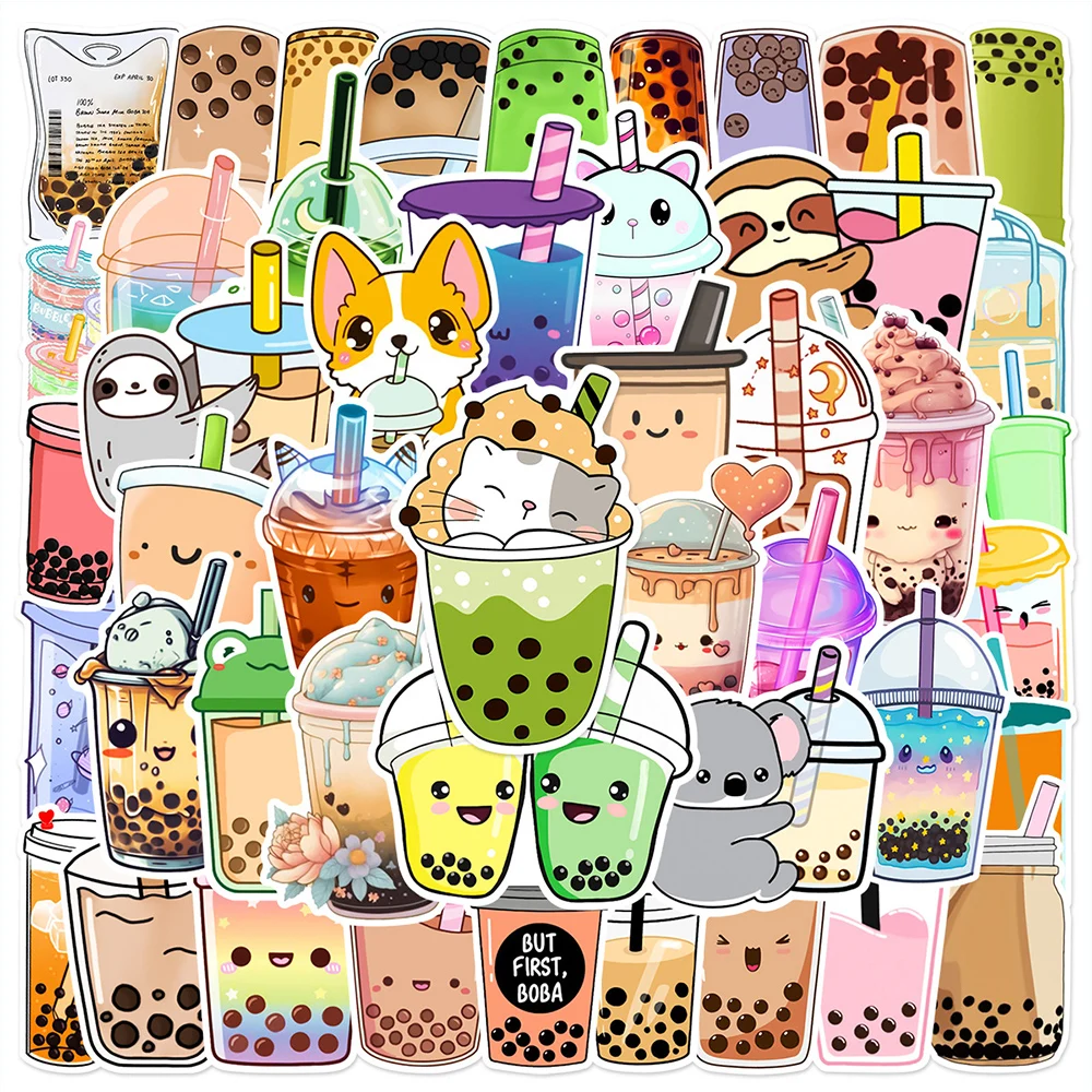 Bonito Animal Bubble Tea Stickers, Cartoon Drink Decoração Estética Decal, Papelaria DIY, Garrafa de Água Telefone, Estilo INS, 10 Pcs, 30 Pcs, 50Pcs