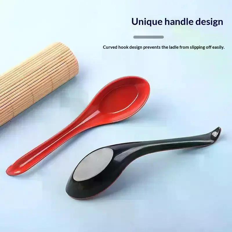 Japanese Style Melamine Red Black Soup Spoon: 2pcs Long Handle Simulated Ceramic Ramen Drop-resistant Heat-resistant