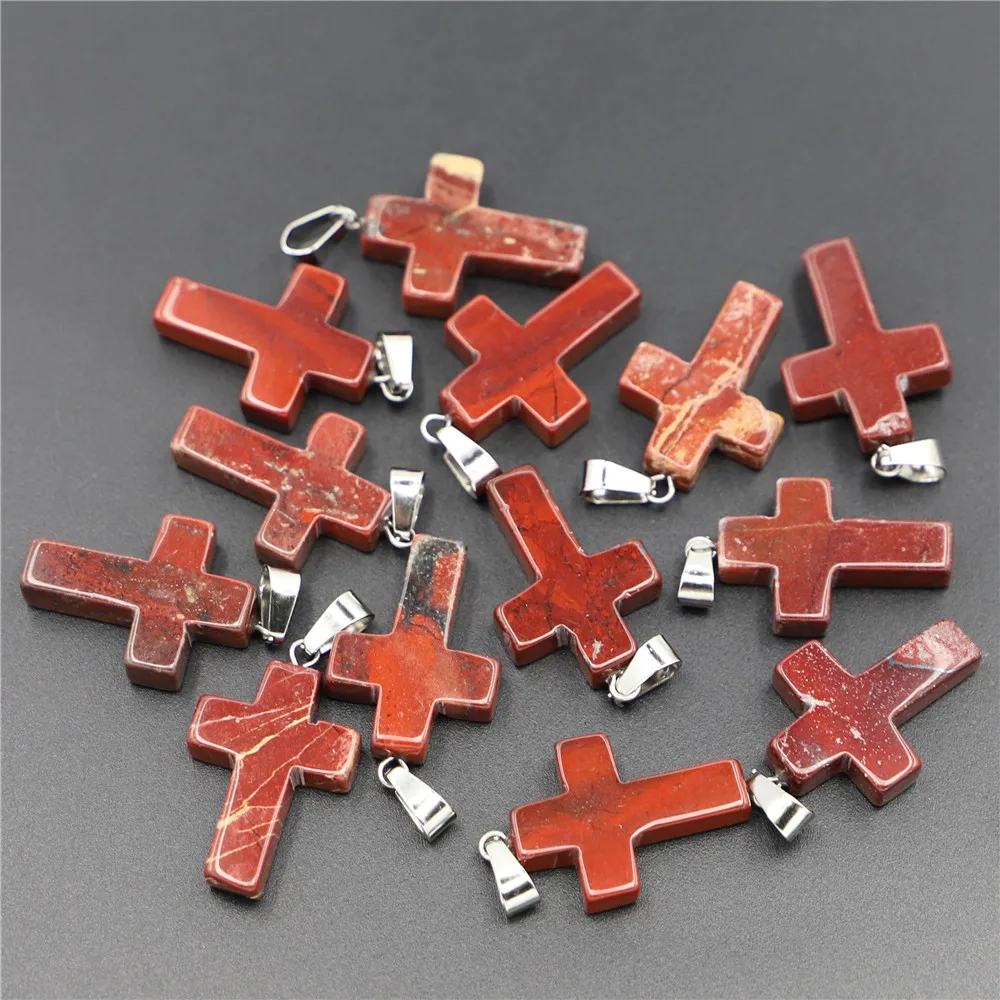 

New Arrival Natural Rainbow Stone Red Jade Cross Pendants Charms Slide for Fashion Jewelry Necklace Making 24pcs Wholesale