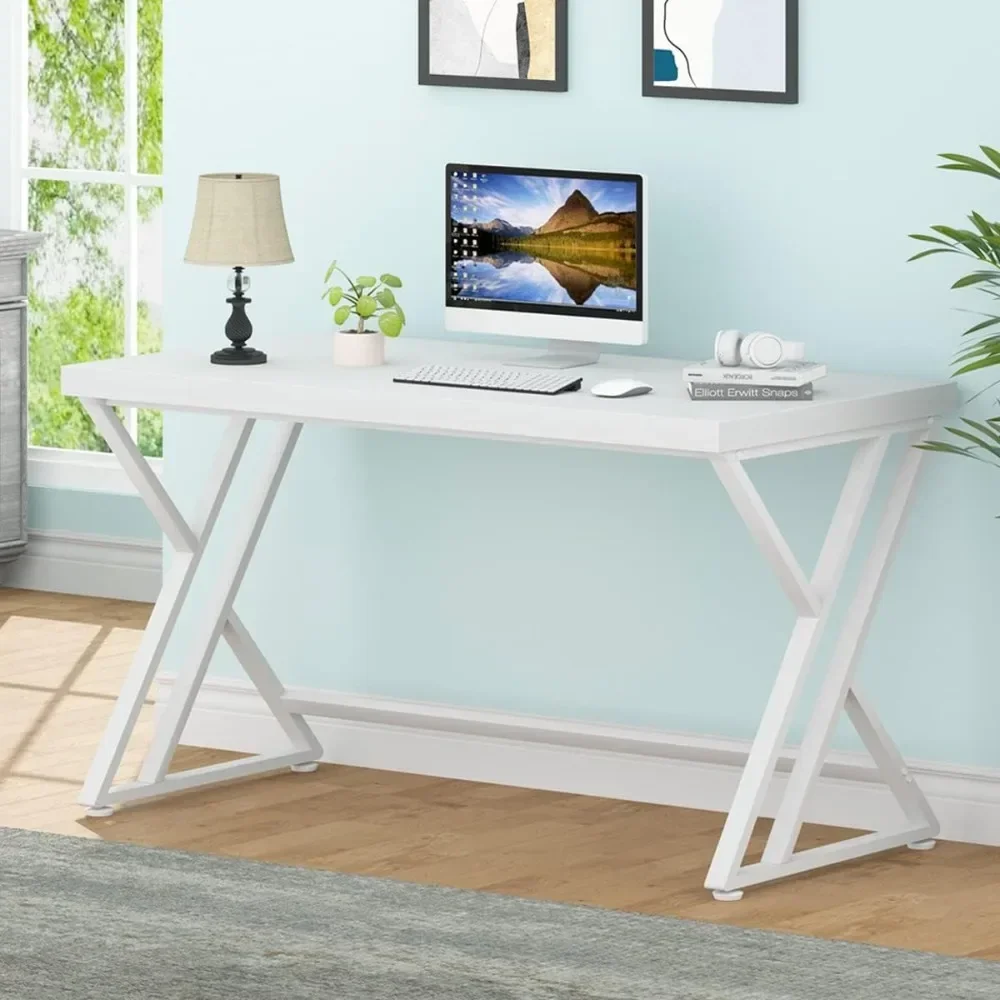 Modern Wood Home Office Desk for PC Writing Work, Metal Wooden Executive Workstation Student Simple Desk with Storage