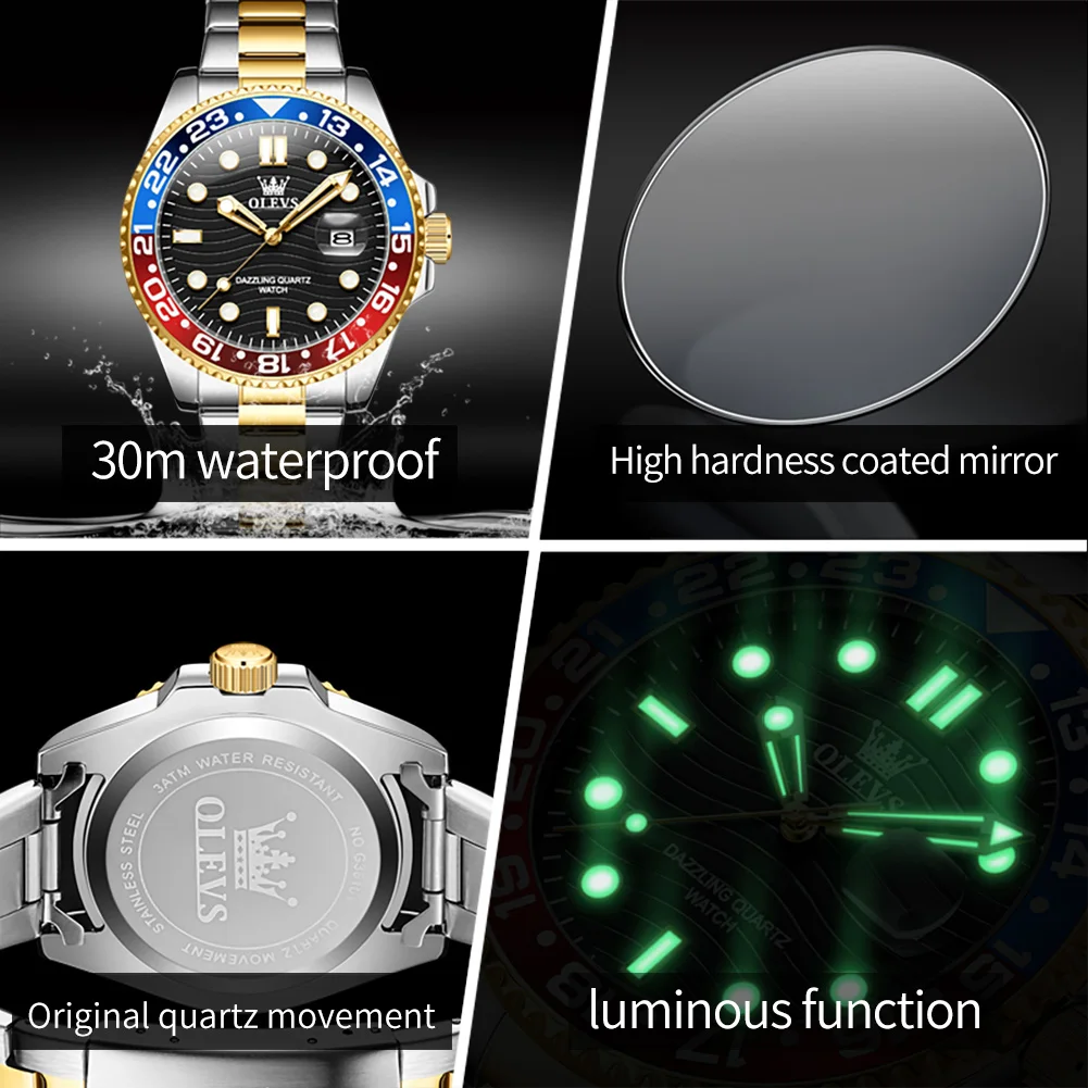 OLEVS 3610 New Quartz Watch for Men Green Water Ghost Style Luxury Brand Original Stainless Stee Mens Wristwatch Auto Date Clock