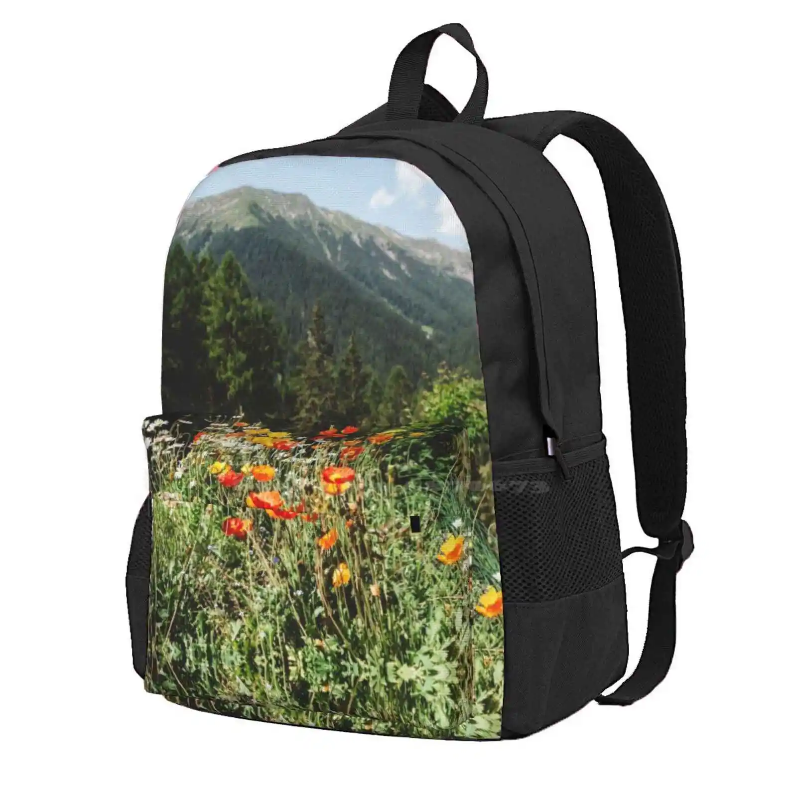 Mountain Garden Hot Sale Schoolbag Backpack Fashion Bags Garden Mountains Mountain Landscape Wildflowers Bloom Blossom Forest