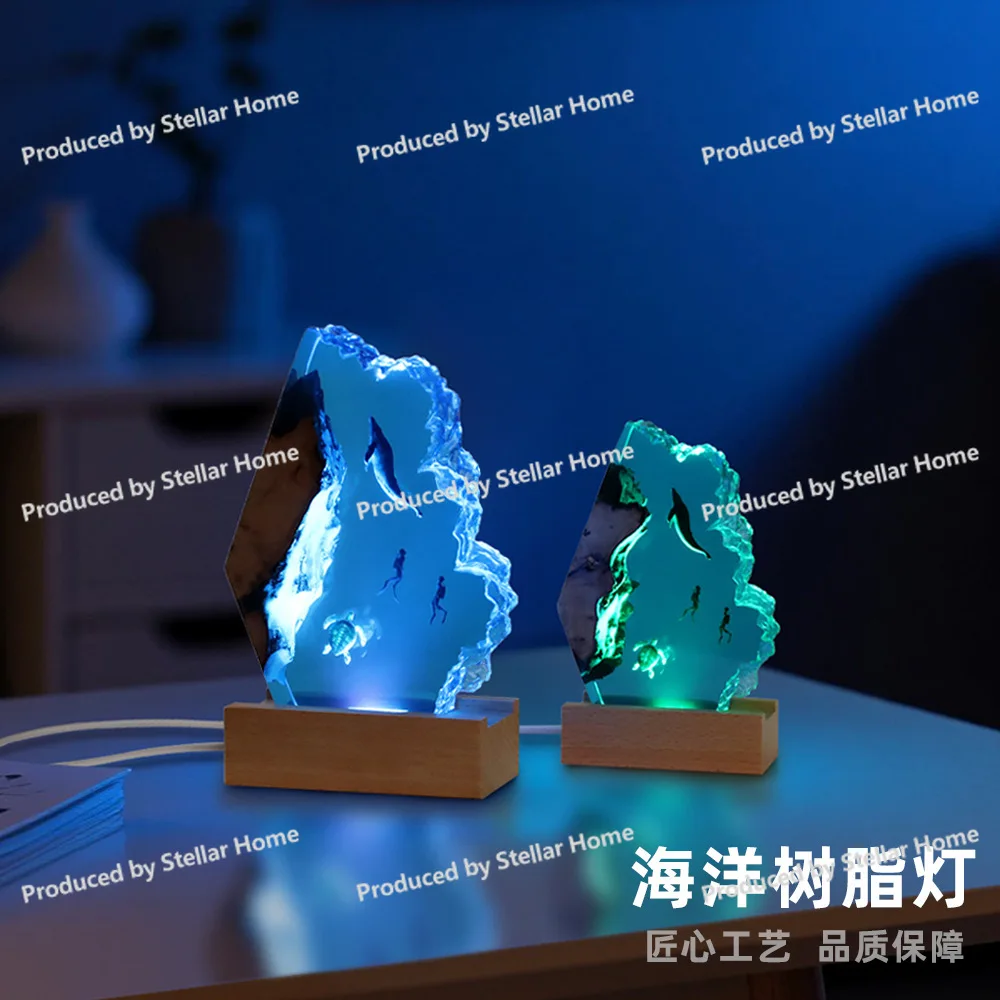 Whale, Turtle, Diver, Ocean Micro-landscape Resin Lamp - Irregular Craft Home Decor, Souvenir Gift
