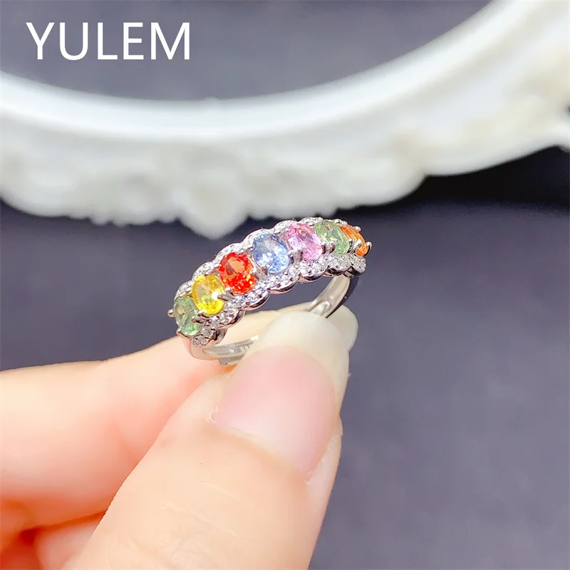 YULEM Natural Multi Color Sapphire Ring 3x4mm Oval Cut Women Gemstone Statement Ring Fine Jewelry Wedding Anniversary Gift