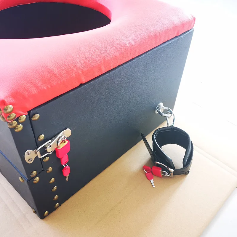 BDSM PU Leather Wrapped Wooden Bondage Toilet Box With Fixed Handcuffs Slave Erotic Fetishism Adult Sex Toy For Men and Women