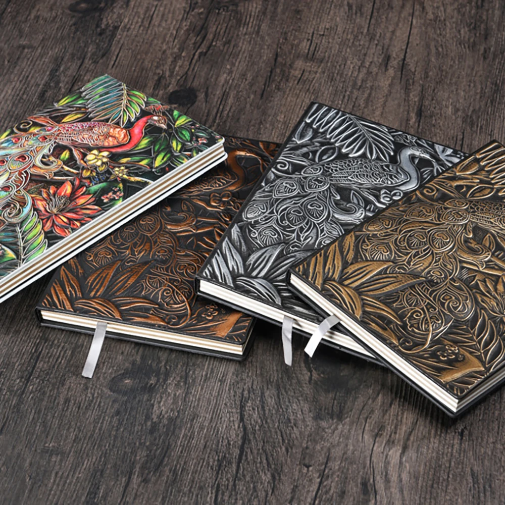 Creative Retro 3D Peacock Relief A5 Notebook Journal Embossed Writing Notebook Handmade Leather Cover Diary Gift Office Supplies