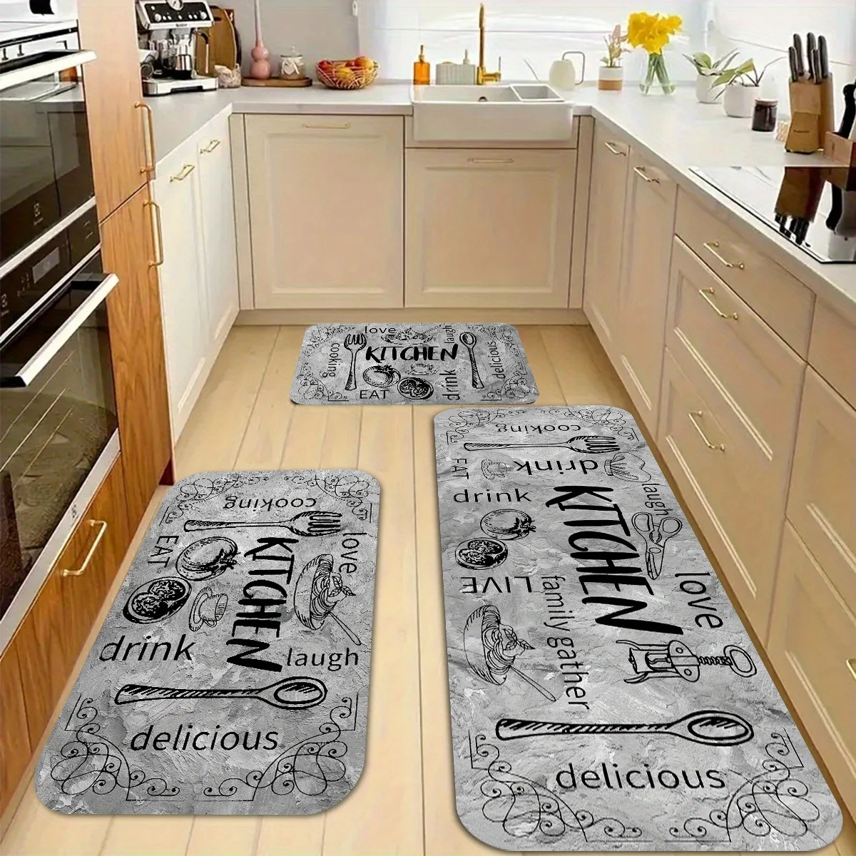 1pc Kitchen Mat, Scandinavian gray kitchen tableware elements pattern print Mat, polyester non-slip floor mat, indoor outdoor entrance floor door mat kitchen mat foot mat