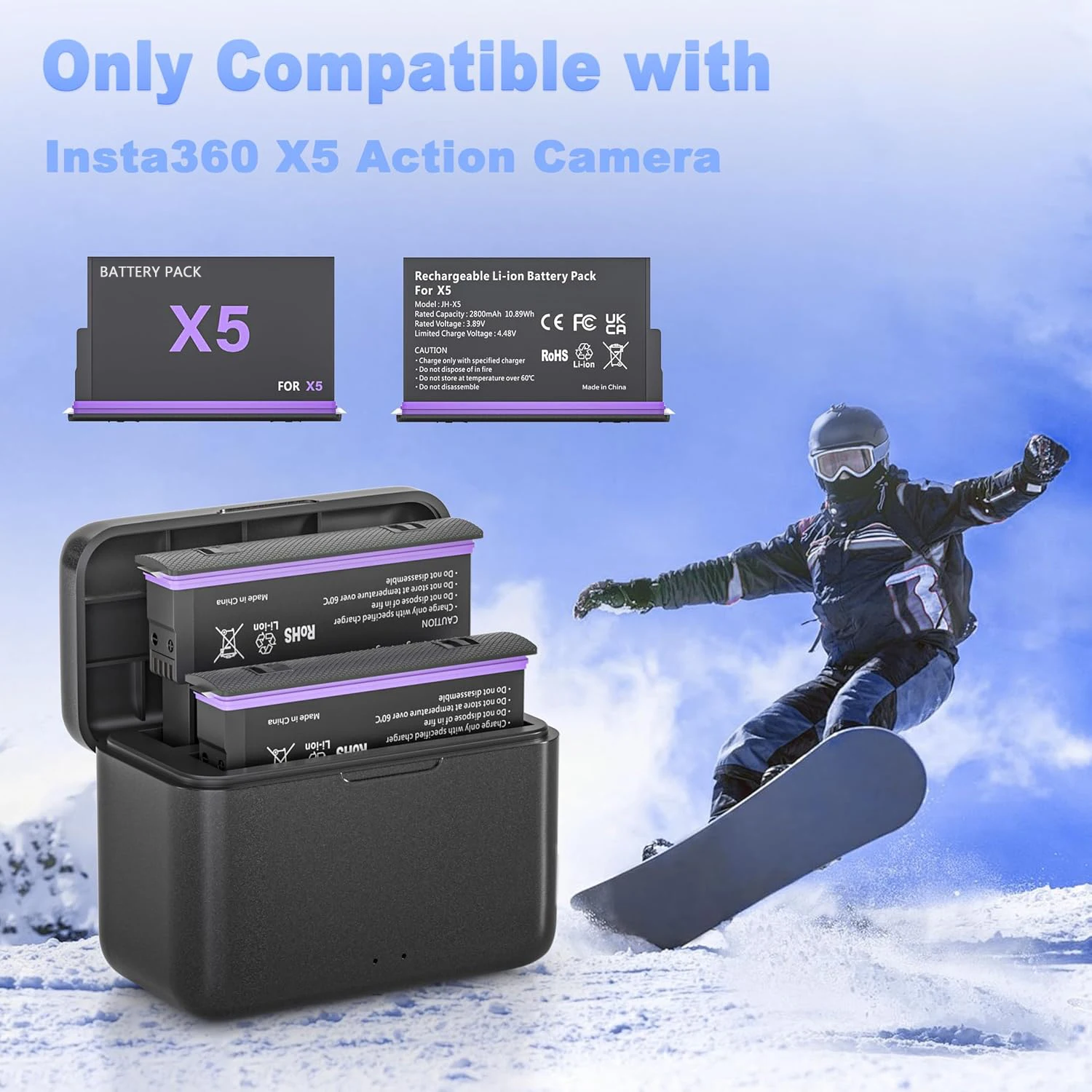 2800 mAh oplaadbare batterij en opladerset met dubbele sleuf voor Insta360 X5, complete voedingskit voor Insta360 X5 actiecamera-batterijen