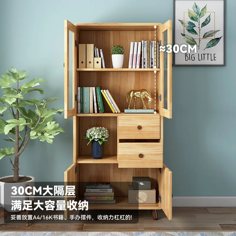 YJQ solid wood bookcase floor-to-ceiling household with glass door dust-proof bookshelf bedroom large-capacity storage cabinet