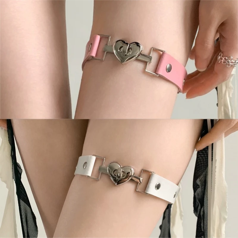 Cute Pink/White PU Leg Ring Removable Heart‑shape Lock Leather Garters Belt Adjustable Thigh Garter Punk Goth Lolita Accessories