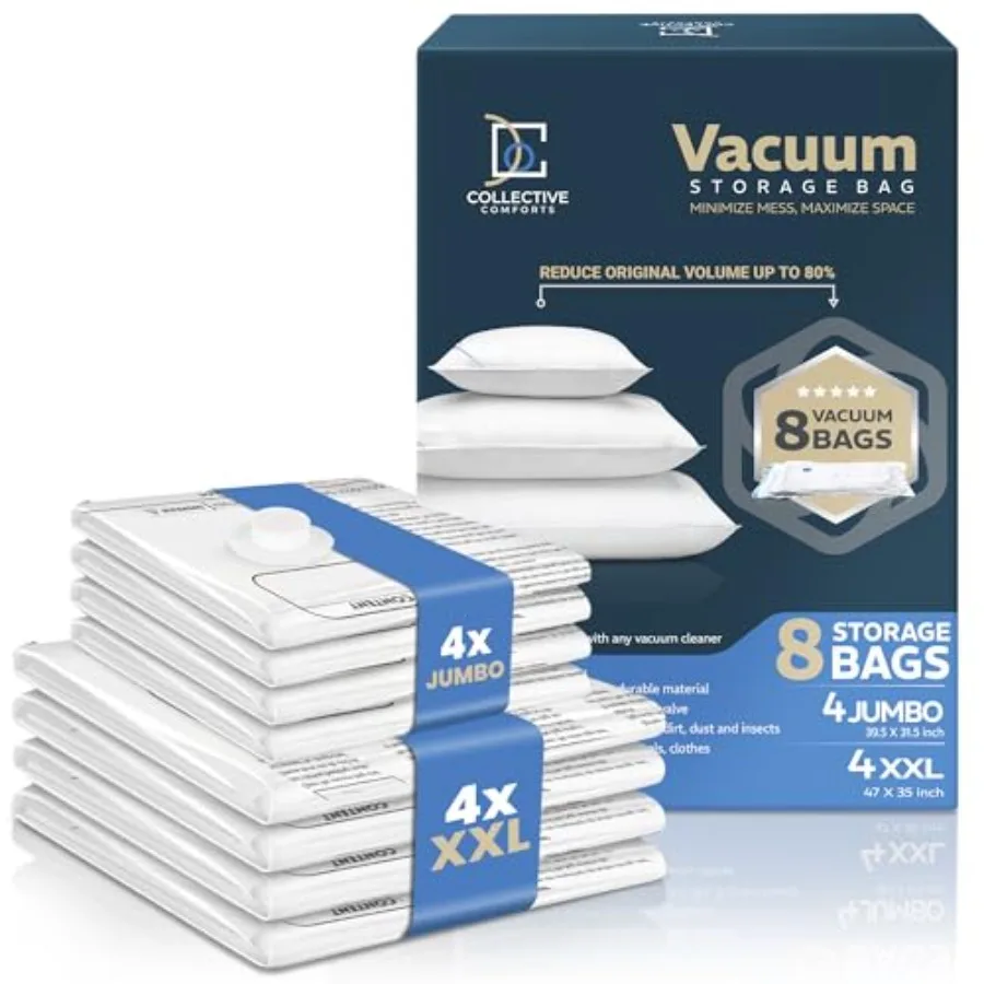 

8 Pack Vacuum Storage Bags 4 XXL and 4 Jumbo Vacuum Seal Bags for Blankets Comforters Clothing and Bedding - Space Saver Compre