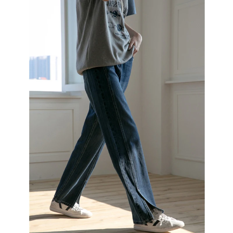 جينز عالي الخصر مستقيم الساق للنساء الكمثرى مقاس كبير فضفاض وواسع الساق شق الدينيم السراويل الخريف مزيج القطن عادية... #3