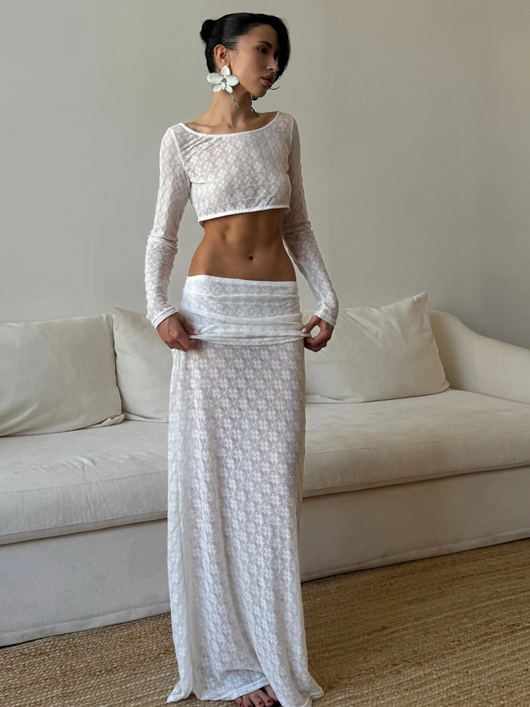 

Fantoye Sexy See Through Two Piece Sets Women Skirt Suit White Long Sleeve Top Long Skirt Female Autumn Slim Elegant Skirt Sets