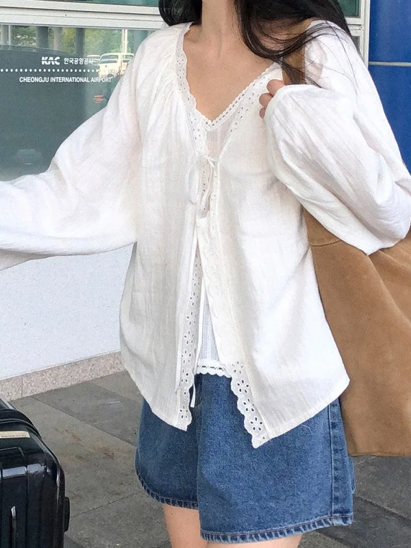 Retro Lace Splice Damen Long Sve Sonnenschutz irt Chic Sweet Anti-Aging Trendy Cardigan Top V-Ne Loose Fit Sommer